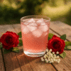 Glas mit rosa Holunderblüten Rosen Sirup und Eiswürfeln auf Holz, daneben rote Rosenblüten und weiße Holunderblüten – Sommergetränk aus der Genusswerkstatt Schweighofer