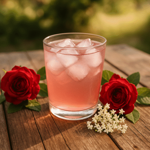 Glas mit rosa Holunderblüten Rosen Sirup und Eiswürfeln auf Holz, daneben rote Rosenblüten und weiße Holunderblüten – Sommergetränk aus der Genusswerkstatt Schweighofer