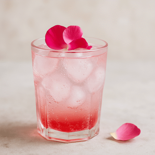 Rosen Sirup im Glas mit Eiswürfel