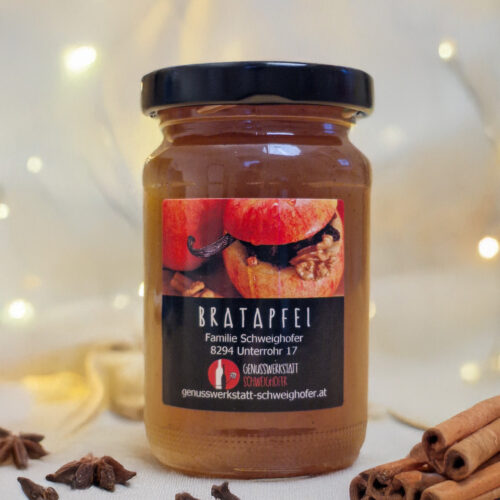 Bratapfel Fruchtaufstrich in Glas – mit Äpfeln, Rosinen und Zimt, handgemacht in der Steiermark
