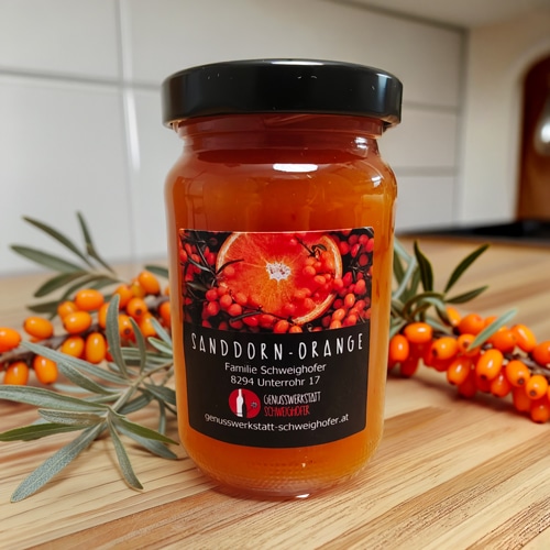 Sanddorn-Orange-Fruchtaufstrich Glas Sanddorn Orange Fruchtaufstrich der Genusswerkstatt Schweighofer